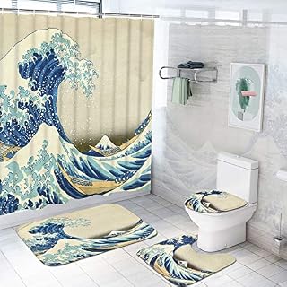 Ikfashoni 4 Pcs The Great Waves Shower Curtain with Non-Slip Rugs, Toilet Lid