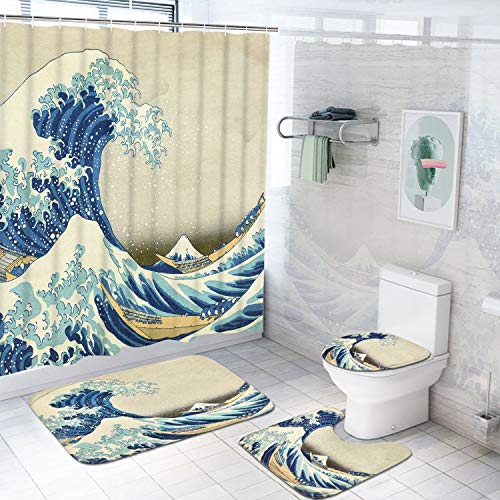 Ikfashoni 4 Pcs The Great Waves Shower Curtain with Non-Slip Rugs, Toilet Lid