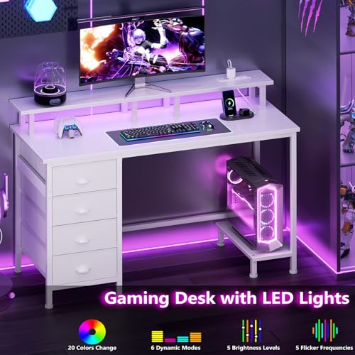 Furologee 47 Gaming Desk with LED Lights, Power Outlets, and 4 Fabric Drawers - Home Office and Study Desk in White
