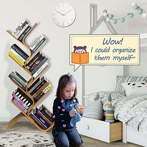 Bamboo Tree Bookshelf, 8-Tier Wood Bookcase Rack, Free Standing Book Storage Organizer Shelves, Books/Albums/Files Holder Display Storage Rack Space Saver For Living Room Bedroom-Log 55X23X5Inch #TOP6