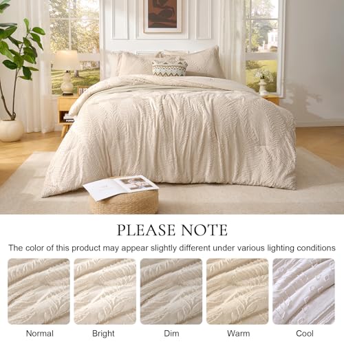 Image of 7 Pieces Tufted Boho Comforter Set Leaves Floral Khaki Farmhouse Shabby Chic Embroidered Bedding for All Seasons Full Size with Comforter Sheets Pillowcases Shams