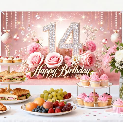 Image of Nuxovilar 14th Birthday Banner - Elegant Pink & Gold Floral Backdrop