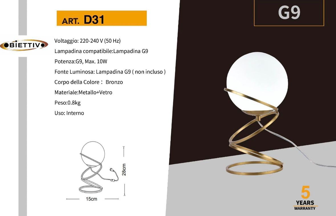 Lampada da tavolo comodino oro con sfera in vetro bianco design moderno lume dorato con cerchi (1) D31