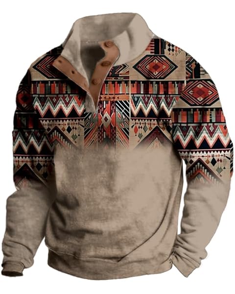 Mens Western Aztec Hoodie Button Up Vintage Henley Shirt Cowboys Sweatshirt for Men...