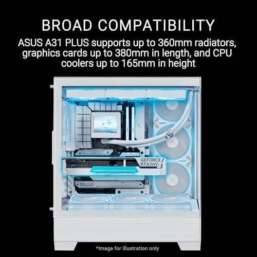 Boîtier ATX ASUS A31 Plus TG ARGB White (Cartes mères à connecteurs cachés, radiateurs de 360 mm et Cartes Graphiques de 380 mm, Quatre Ventilateurs ARGB préinstallés, Gestion des câbles soignée)