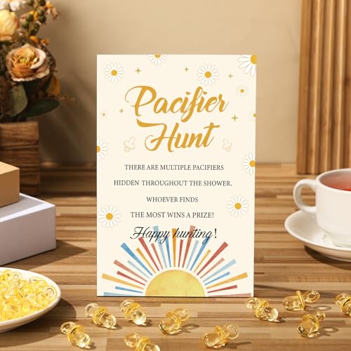 Image of Thyle 51 Pcs Here Comes The Son Pacifier Hunt Baby Shower Games Boho Sun Decorations Include Hunt Sign and 50 Acrylic Pacifiers for Baby Shower Game Decoration Gift Sets Gender Reveal Party Decor