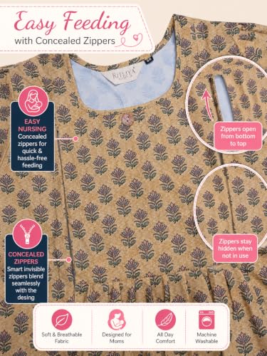Image of RITIJYA Feeding Kurta for Women with Zip | Maternity Kurti for Nursing Mothers | Concealed Zipper, Extra Pleats Pre to Post Pregnancy | Quick-Dry Comfort Fabric | S-4XL