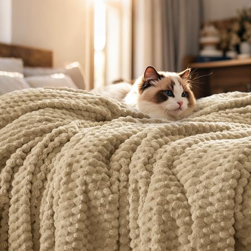PHF Ultra Soft Flannel Fleece Blanket Queen Size Lightweight 3D Jacquard Fleece Blanket No Shedding No Pilling Luxury 340GSM Aesthetic Fluffy Cozy for Bed Room Decor 90x90 Khaki
