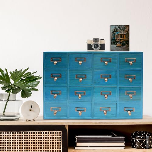 Wooden Desk Drawer Organizer, Vintage 16 Drawers Apothecary Cabinet, Library Card Catalog Cabinet, Coffee and Tea Organizer Drawer (Blue)