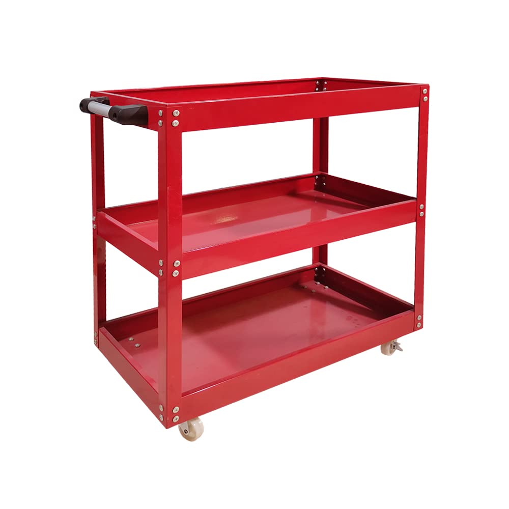 3 Tier Shelf Tool Cart Storage Wheel Cart Trolley Heavy Duty Garage Workshop DIY Tool 450lb Heavy Duty Durable Garage Trolley Workshop 3 Tier Wheel Shelf (Red)
