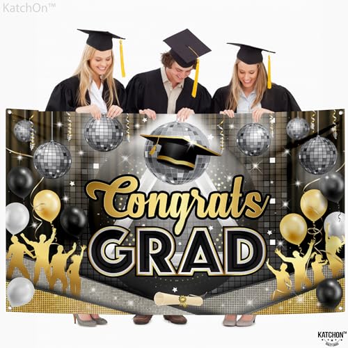 Image of Congrats Grad Banner - 72x44 Inch, Graduation Backdrop Class of 2026 for Black and Gold Graduation Decorations 2026 Disco Grad Banner Prom Night, Graduation Banner for Graduate Party, KatchOn