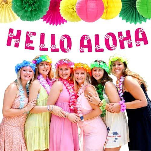 Image of Hawaiian Aloha-Luau Flamingo Party-Decorations Supplies - 21pcs Hello Banner,Pool Paper Lanterns Honeycomb,Beach Theme Streamers Garland,Tissue Pom Poms Flowers Fan,Tropical Summer Tiki Decor Burgleda