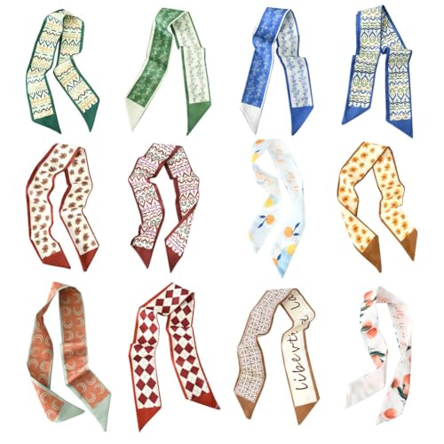 12 Pack Floral Scarf for Bags Handbag Handle Narrow Ribbon Satin Neck Scarf Neckerchief Headbands Hair Scarf