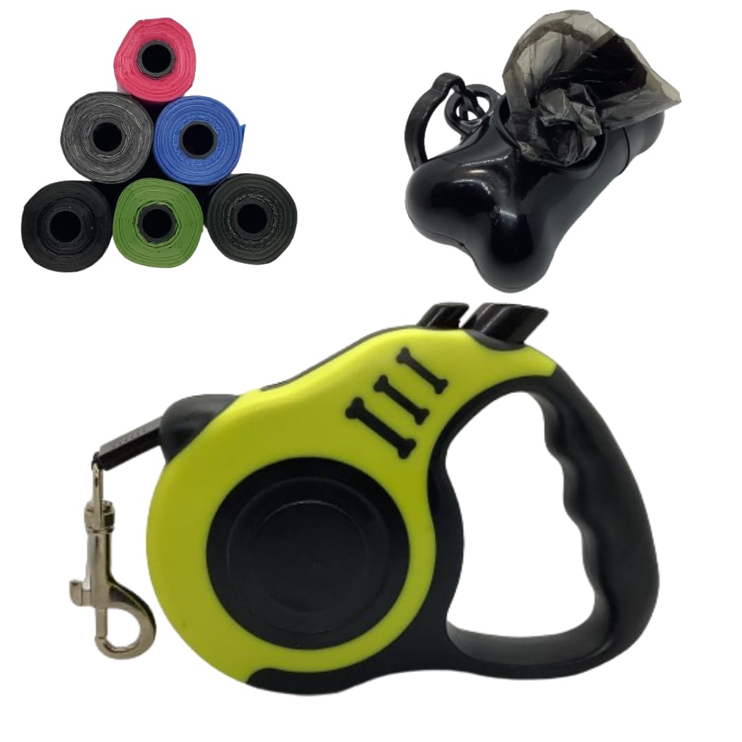 Correa Perro Extensible|Correa para perros Flexible|Correa Perros Pequeños Medianos|correa Ligera Perros y Gatos|Ergonómica|Cinta RetráctilPaseo|Bolsa caca perro|amarilla 3 metros (amarillo, 3 metros)