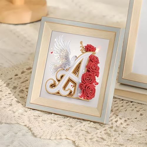 Image of AiYuanzsh 5D Special Shape Diamond Painting Letter A, Red Rose & White Dove Initial Diamond Art Kit for Adults, DIY Crystal Rhinestones Romantic Gem Art Crafts Wall Decor 17x17cm