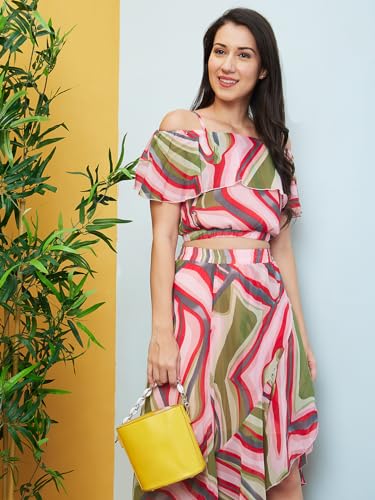 Image of Globus Women Pink Printed Co-Ord with Strappy Off-Shoulder Top & Skirt-3640697001