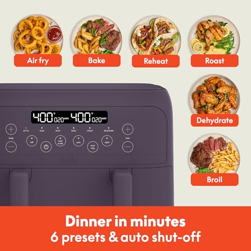 Image of bella 4 Qt TriZone Air Fryer, EverGood Ceramic Nonstick Coating, Dual Basket Design w Removable Divider, Digital Touchscreen Control w 6 Preset Cooking Options, 1200 Watt, 3lb Capacity, Plum