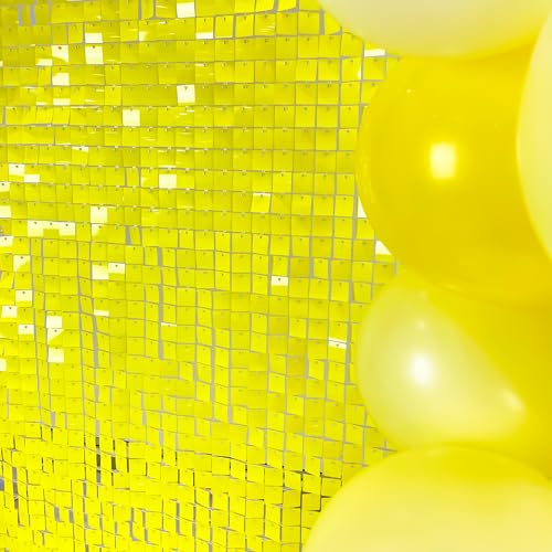Image of COKAOBE Yellow Shimmer Wall Backdrop, 24PCS Square Sequin Shimmer Backdrop Panel, Photo Backdrops for Birthday, Anniversary, Wedding, Graduation & Bachelorette Party Decoration