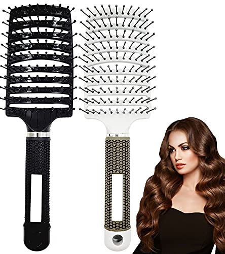 2 Pack Detangling Brush,Curved Vented Hairdressing Comb,Professional hair brush for Thick Hair, Curly Hair Products for Black Natural Hair Afro Hair, Women Hair Brush Detangler(White+Black)