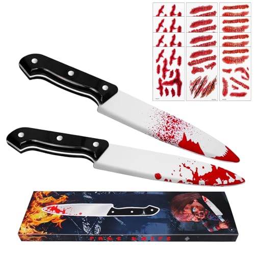 Japior 2pcs Halloween Fake Bloody Knife with 12pcs Scar Tattoos Stickers Realistic Halloween Butcher Scary Plastic Knife Props Toy Knife Set for Halloween Props and Costume Cosplay Accessories