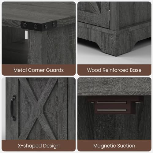 Image of Softa Nightstand Set of 2 with Charging Station & LED Lights, Rustic Bedside Table with Storage Cabinet and Shelf, Farmhouse Wooden End Table, Dark Gray
