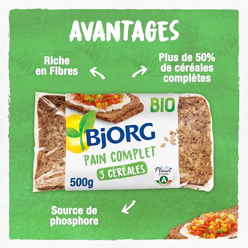 BJORG - Pain Complet 3 Céréales Bio - Aux Céréales Complètes - Source de Magnésium, Phosphore - Prétranché - 500 g - lot de 2 (total de 1 kg)