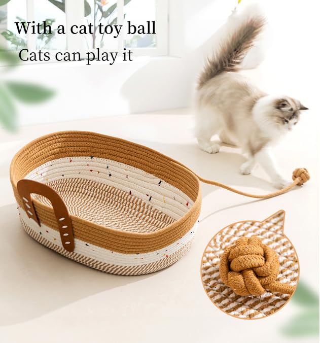 سرير للقطط مصنوع من حبل قطني منسوج يدويا - جيد التهوية وسهل التنظيف، سلة للحيوانات الاليفة قابلة للطي والخدوش، مع كرة لعب للقطط، بني (بني)