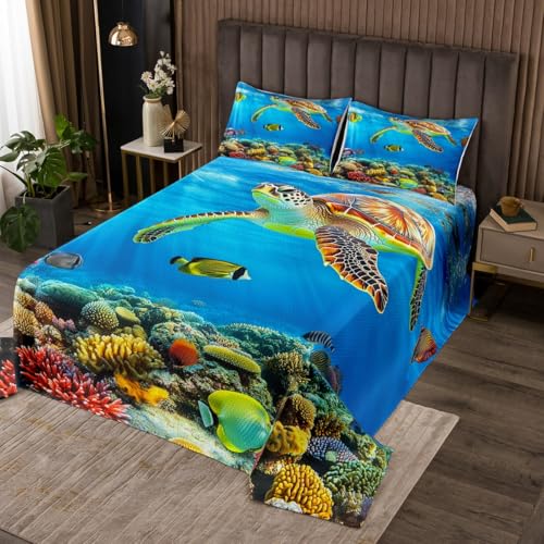jejeloiu Cute Sea Turtle Bedspread for Kids Boys Girls Ocean Quilted Coverlet Reptile Tortoise Coastal Marine Life Coverlet Set King Size Room Decor Sea World Quilted