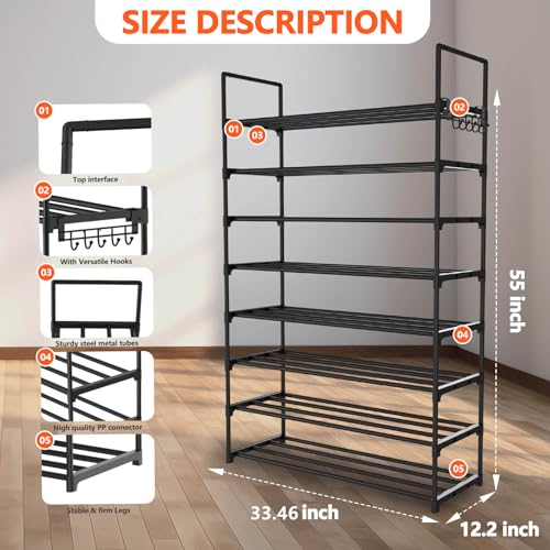 Image of Hsscblet 8 Tiers Metal Shoe Rack,Adjustable Shoe Shelf Storage Organizer with Hooks,Stackable Boot & Shoe Storage,for Entryway,Hallway,Closet,Black