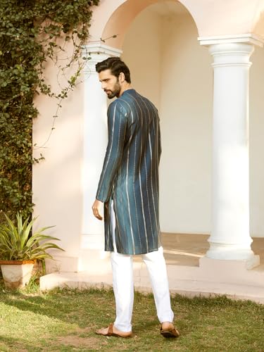 Image of See Designs Men Full Sleeve Chanderi Silk Sequins Mandarin Collar Side Slit Kurta With Pyjama
