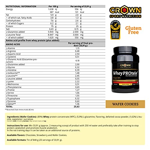 Crown-Sport-Nutrition-Whey-PROtein-Concentrado-proteina-suero-de-leche-con-aminoacidos-Leucina-y-Glutamina-con-certificado-antidoping-Informed-Sport-Bote-de-848g-sabor-wafer-cookies