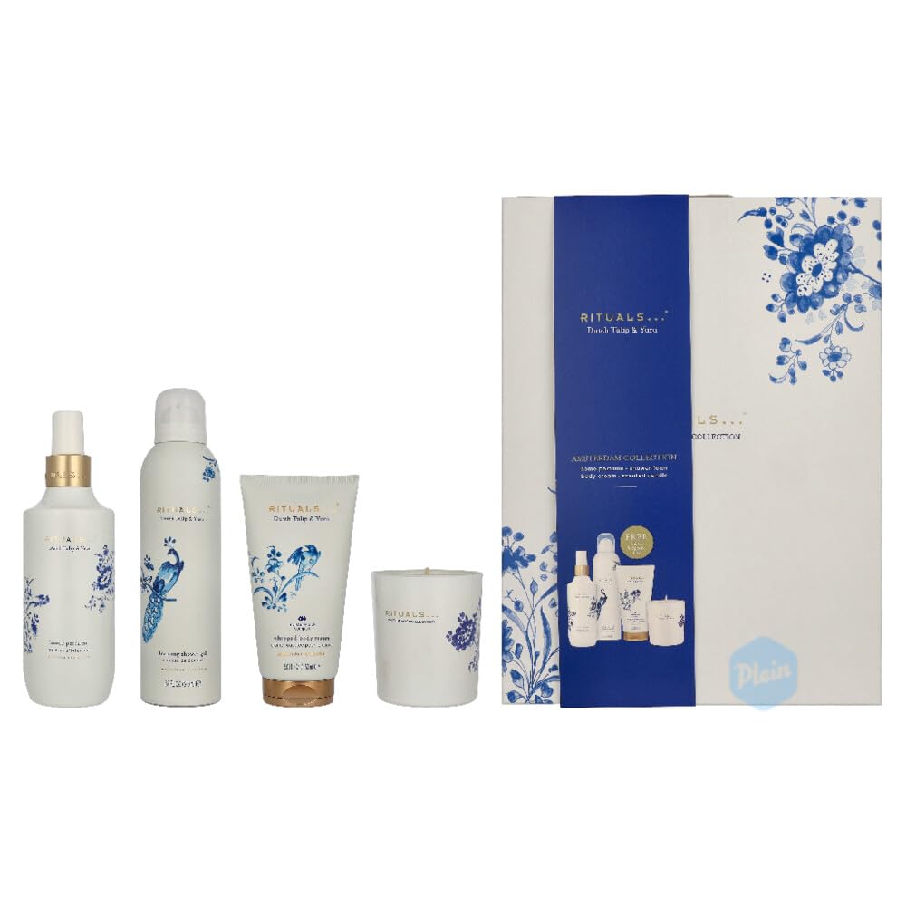 Rituals Amsterdam Collection Geschenkset L, Dutch Tulip & Yuzu, 4-teilig mit Shower Gel, Body Cream, Candle und Home Perfume, Delfter Blau Design