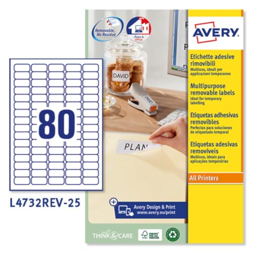 Avery España L4732REV 25 Etiquetas adhesivas papel blanco adhesivo removible sin residuos, 25 hojas A4, rectangulares 35,6x16,9mm, 80 etiquetas por hoja, adhesivo removible, impresora láser/inkjet