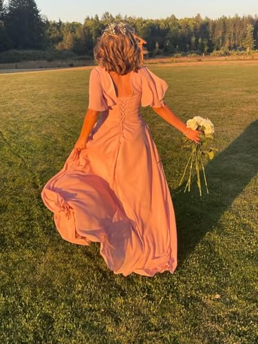 YOFF V-Neck Flutter Sleeve Bridesmaid Dress with Pockets A-Line Long Chiffon Formal Party Dresses with Slit YO0032