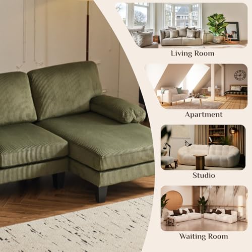 Image of Karl home Compact U-Shape Sectional Sofa Couch 111 inch 4-Seat Green | Modern, Corduroy Fabric Upholstered, Double Chaise, Wood Grain Legs for Living Room, Home Office, Apartment, Studio