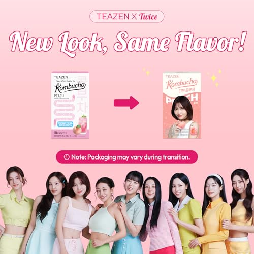 Image of TEAZEN Peach Kombucha Powder, Hydration Drink Mix, Sugar Free, Live Probiotics & Prebiotics, On-the-Go 10 Packets, 1.76oz