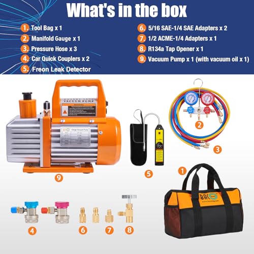 Image of BACOENG 4CFM 1 /3HP Single Stage HVAC Vacuum Pump and AC Manifold Gauge Set with Leak Detector for R134a R12 R22 A /C Air Conditioning Refrigeration