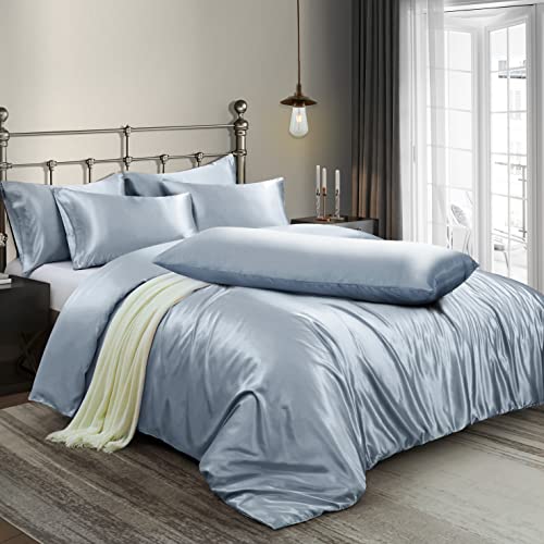 Image of Ersmak 6 Pieces Satin Duvet Cover King Size Luxury Silky Bedding Duvet Cover Set with 1 Soft Duvet Cover, 4 King Pillowcases and 1 Body Pillowcase, Baby Blue