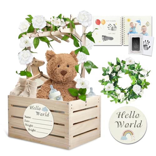 Image of Vienrose Wooden Baby Shower Crate Closet, Baby Storage Crate Hamper, Shower Party Basket with Handle for Pregnancy New Parent, Wood