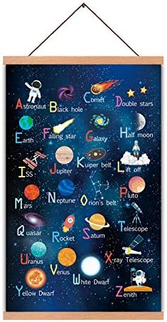 KAIRNE Outer Space Room Decor With Wood Magnetic Poster Hanger Framed ABC Alphabet Space Posters(28X45CM) Space Galaxy Themed Pictures For Boys Room Kids Space Room Nursery Classroom Decor