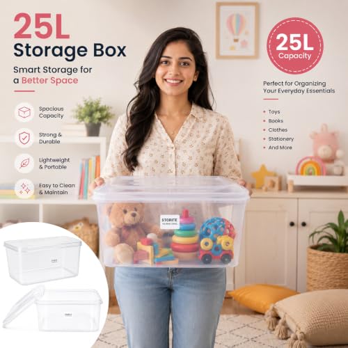 Image of Storite 4 Pcs 25L Plastic Storage Box with Lid-Stackable Organizer Box | Storage Box for Clothes, Kids Toys, Kitchen - Plastic Storage Container Basket for Home, Office, Bathroom(Transparent)