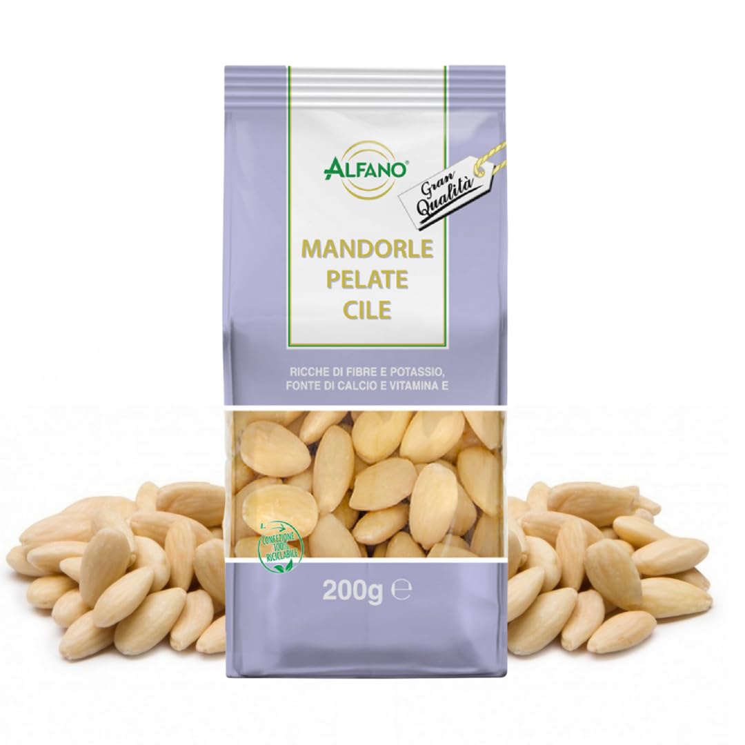 Alfano dal 1940 Mandorle Pelate Cile Non Pareil Supreme Extra 200g Frutta Secca Ricca di Fibre e Potassio, Fonte di Calcio e Vitamina E Sane e Genuine (20 Pezzi)