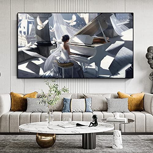 Toile peinture fille au piano art moderne impression haute définition 65x110