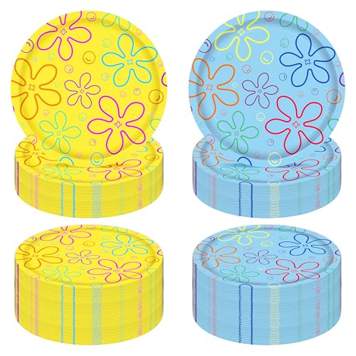 iPartyFun 48pcs Flower Bubble Theme Paper Plates Under The Sea Birthday Party Tablewares for Yellow Cartoon Party Decoration Ocean Baby Shower Supplies