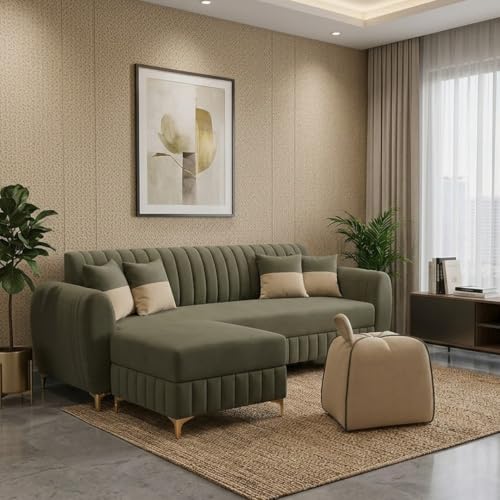 Image of CASASTYLE Signature Velour 4-Seater L-Shape Sofa Set with Movable Ottoman & Suri Pouf | Flexible LHS /RHS Layout | Boston Fabric | 40D Foam + Zigzag Spring | 3-Yr Warranty (Olive Green,Sand Beige)