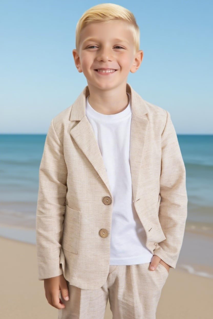 Boys Linen Suits Casual 2 Piece Summer Beach Wedding Tuxedo Suit for Boy Ring Bearer Outfit 2-20 Years