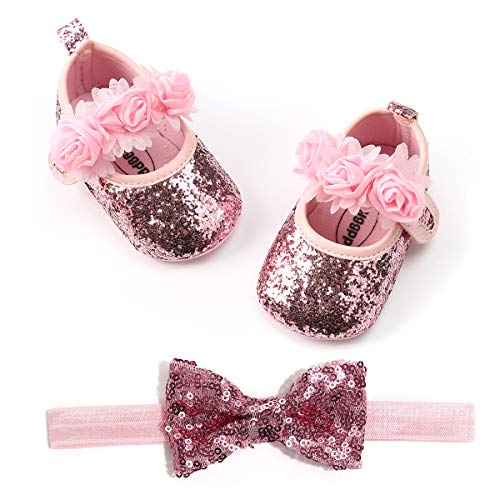 BENHERO Baby Infant Girls Soft Sole Floral Princess Mary Jane Shoes Prewalker Wedding Dress Shoes (6-12 Months Infant), G-Pink