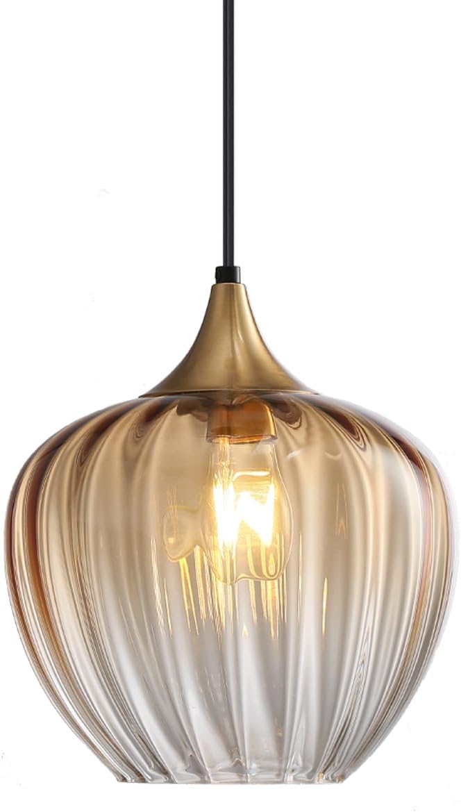 Glass Pendant Lights Kitchen Island, 9\" Vintage Hanging Lamp Ceiling Lighting Fixtures, Brushed Gold Modern Chandelier for Dining Living Room Restaurant Bedroom Foyer Entryway (Amber) NOT TESTED INCOMPLETE