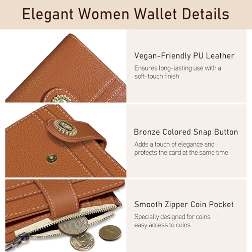 Image of Kelvoris Small Rfid Women Wallet Bifold Zipper Coin Pocket PU Leather Compact Cash Credit Card Holder Travel Wallet for Female Ladies Teen Girls 1 ID Window 10 Card Slots Caramel