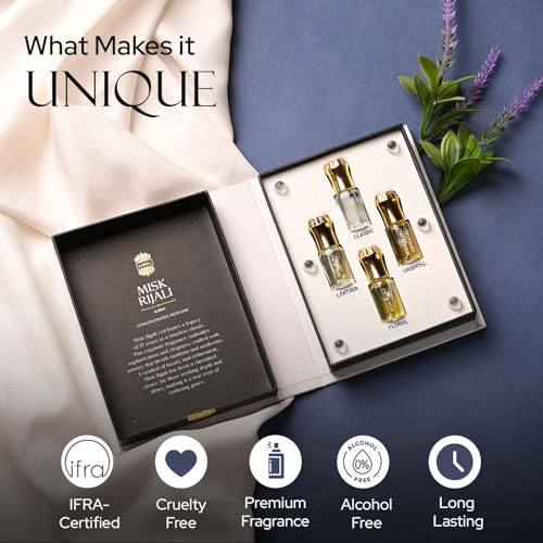 Image of Ajmal Assorted Misk Rijali Non-Alcoholic Luxury Attar Perfumes Gift Set | For Men & Women | Long Lasting, Unisex, Royal Fragrance | Perfect For Gifting | 3ml Each, Pack Of 4